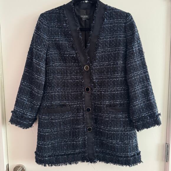 Ann Taylor Tweed Jacket Blazer Blue Black Fringe Button Front Long Sleeve Sz 6P - Picture 1 of 6